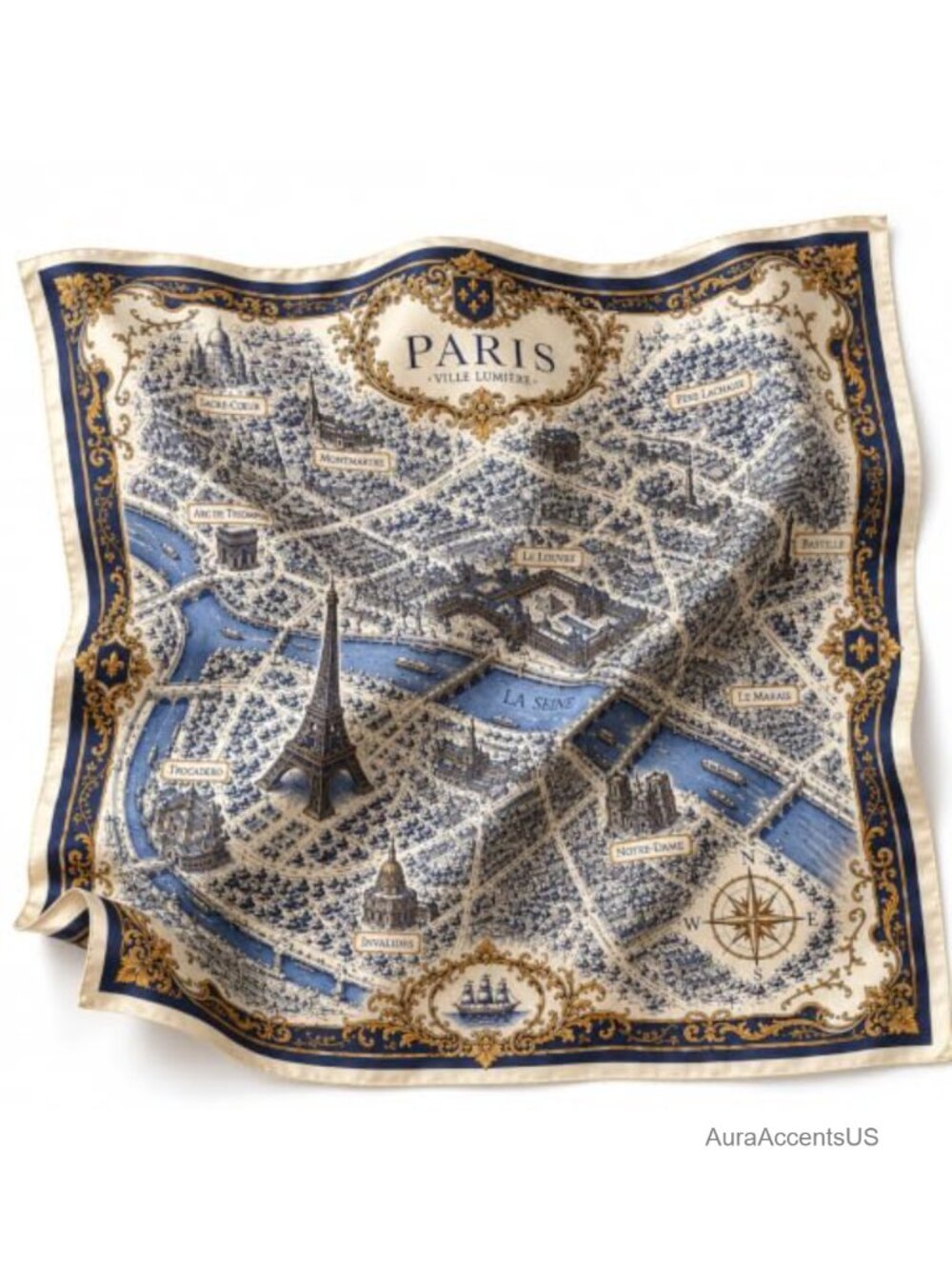 100% Mulberry Silk Twill Square Scarf 35x35 Hand-Rolled Edges Paris Map Print